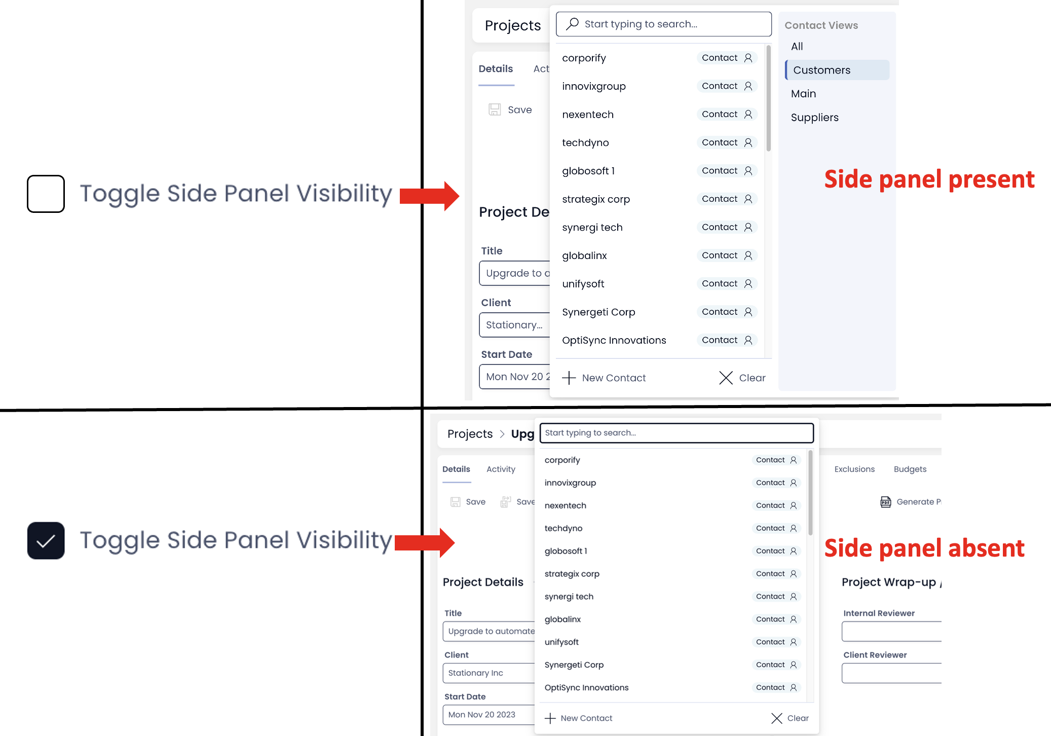 Image showing how Toggle Side Panel checkbox works